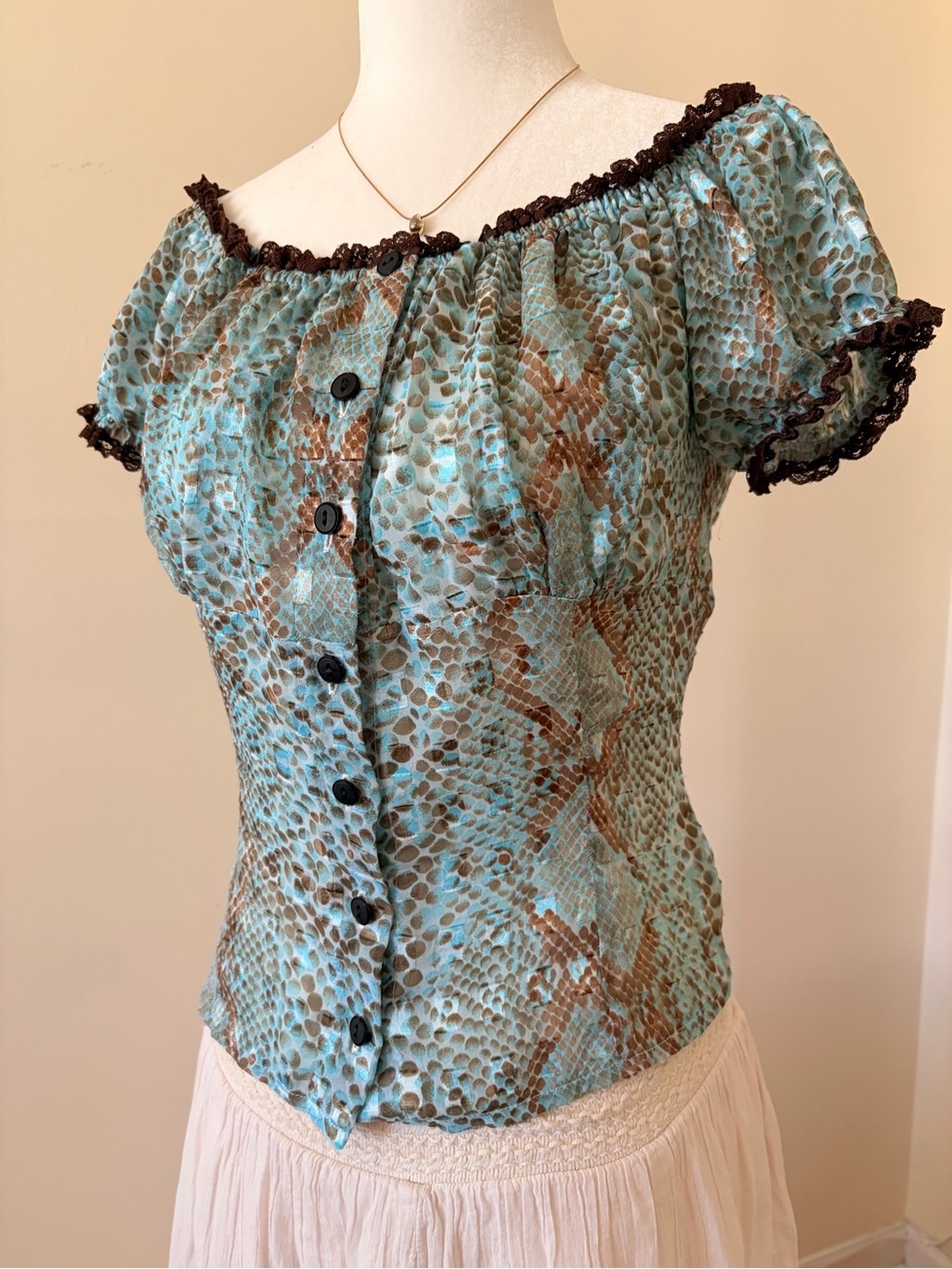 Vintage Peasant Snake Print Top in Turquoise - Picture 2 of 4